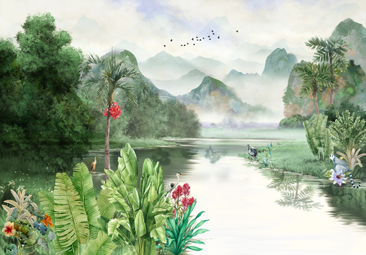 Illustration of a tropical landscape with a river, trees, and birds.