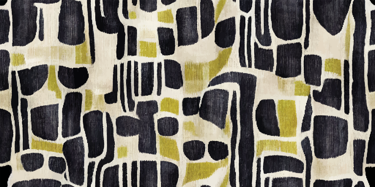 Patterned fabric with black and yellow shapes on a beige background