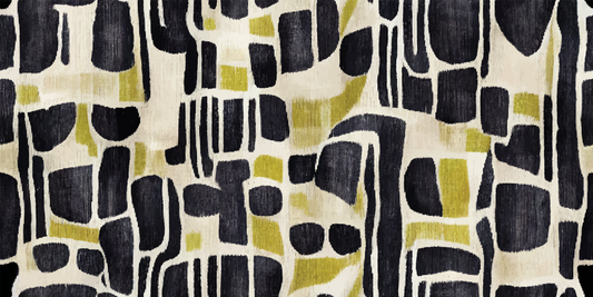 Patterned fabric with black and yellow shapes on a beige background