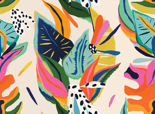 Colorful abstract pattern with leaves and a dalmatian dog on a beige background