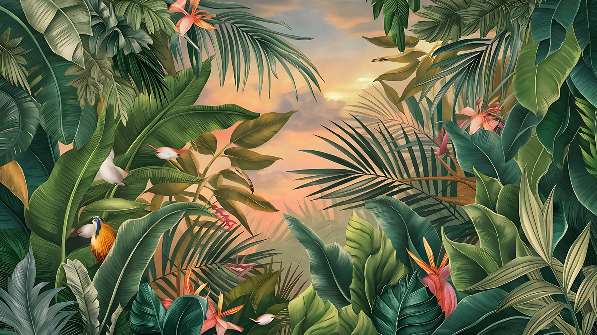 Tropical forest scene with birds and flowers at sunset.