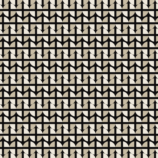 Pattern of black and beige triangles on a geometric grid background