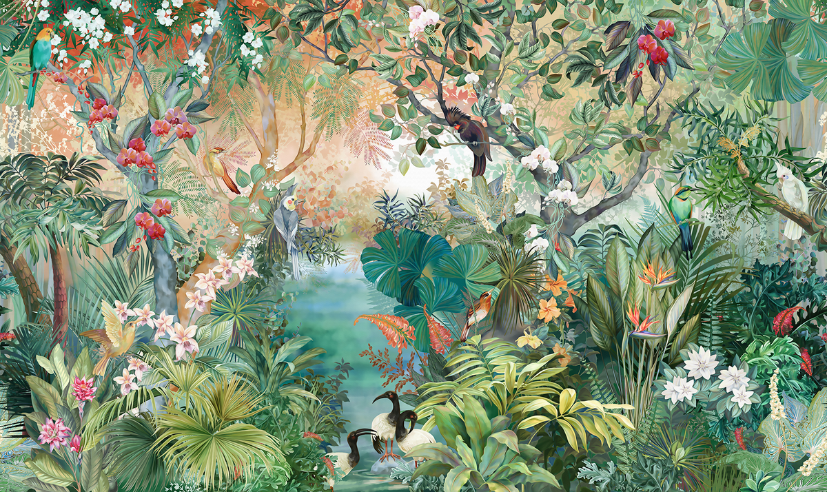 Colorful tropical forest scene with birds and flowers