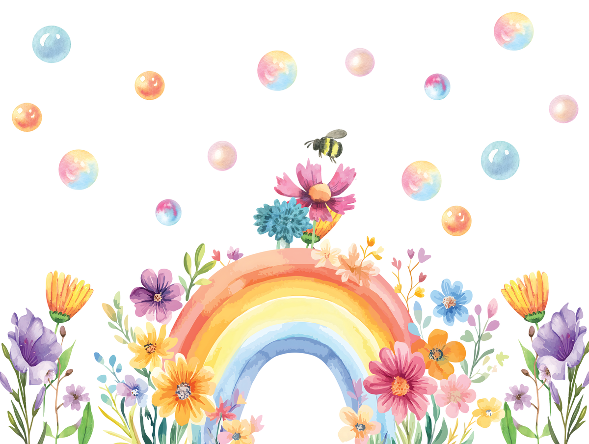 Colorful rainbow and floral design with bees and bubbles on a white background