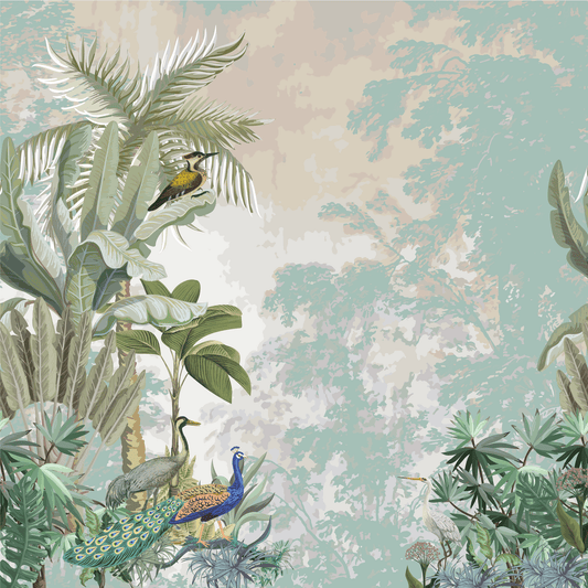 Tropical forest scene with birds and plants on a textured background