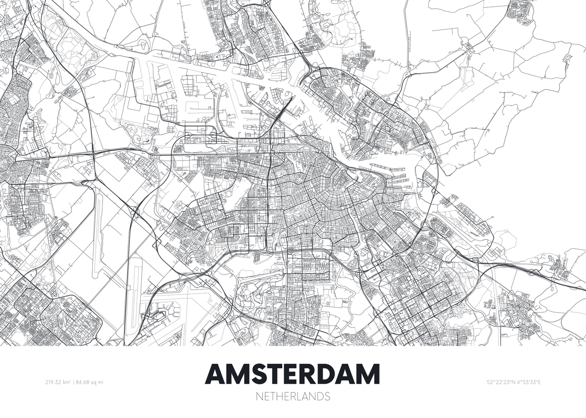 Black and white map of Amsterdam, Netherlands