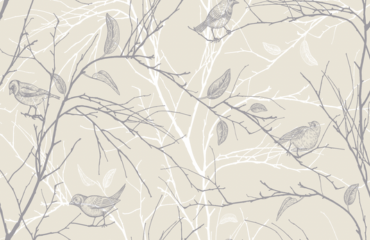 Pattern of birds and branches on a light background