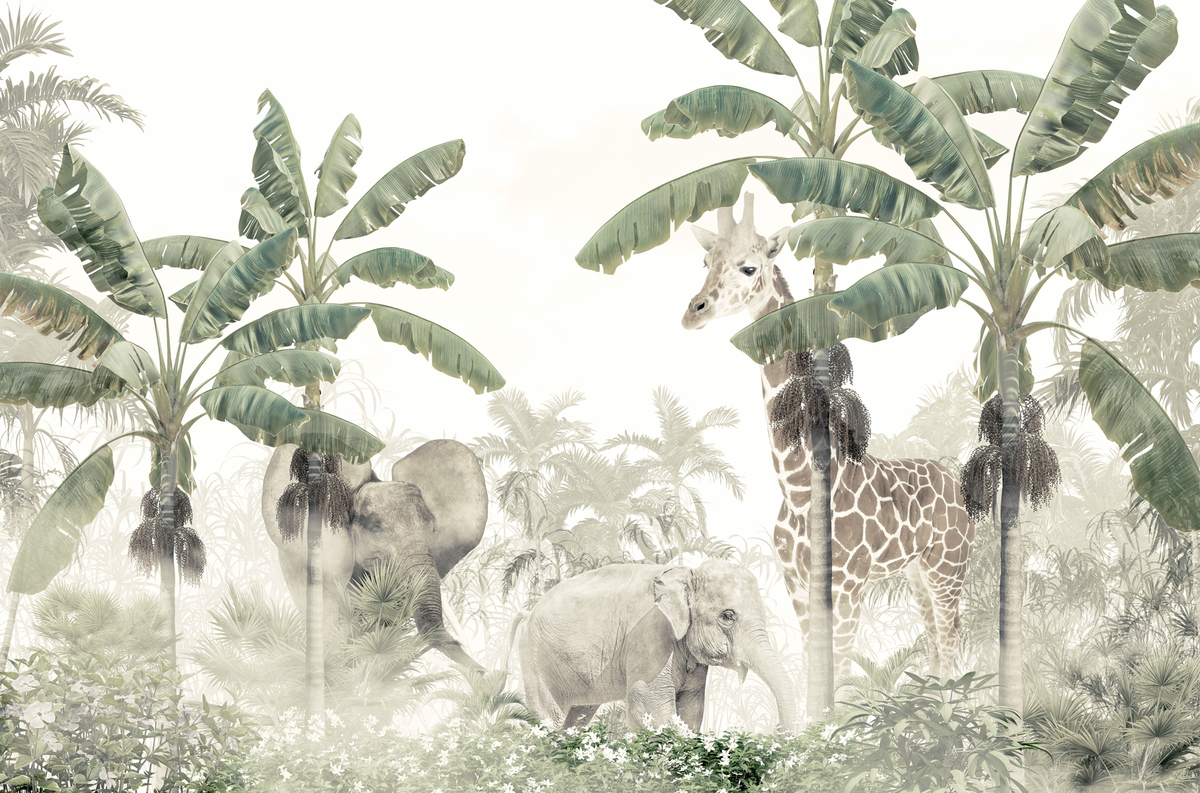 Illustration of elephants and a giraffe in a jungle setting with green foliage.