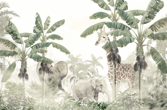Illustration of elephants and a giraffe in a jungle setting with green foliage.