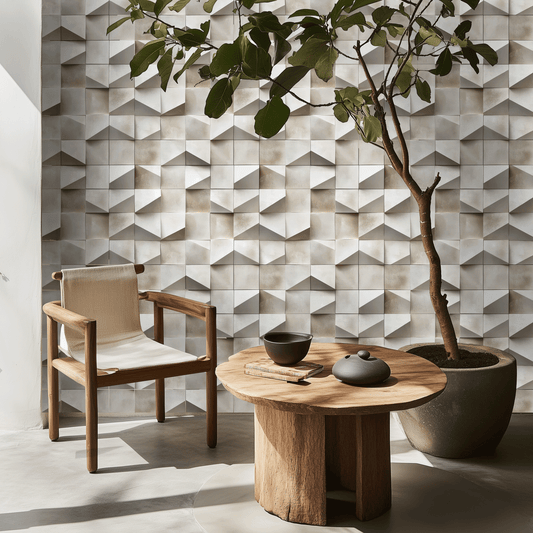 Modern interior with geometric tile wall, wooden chair, and table with decorative items.