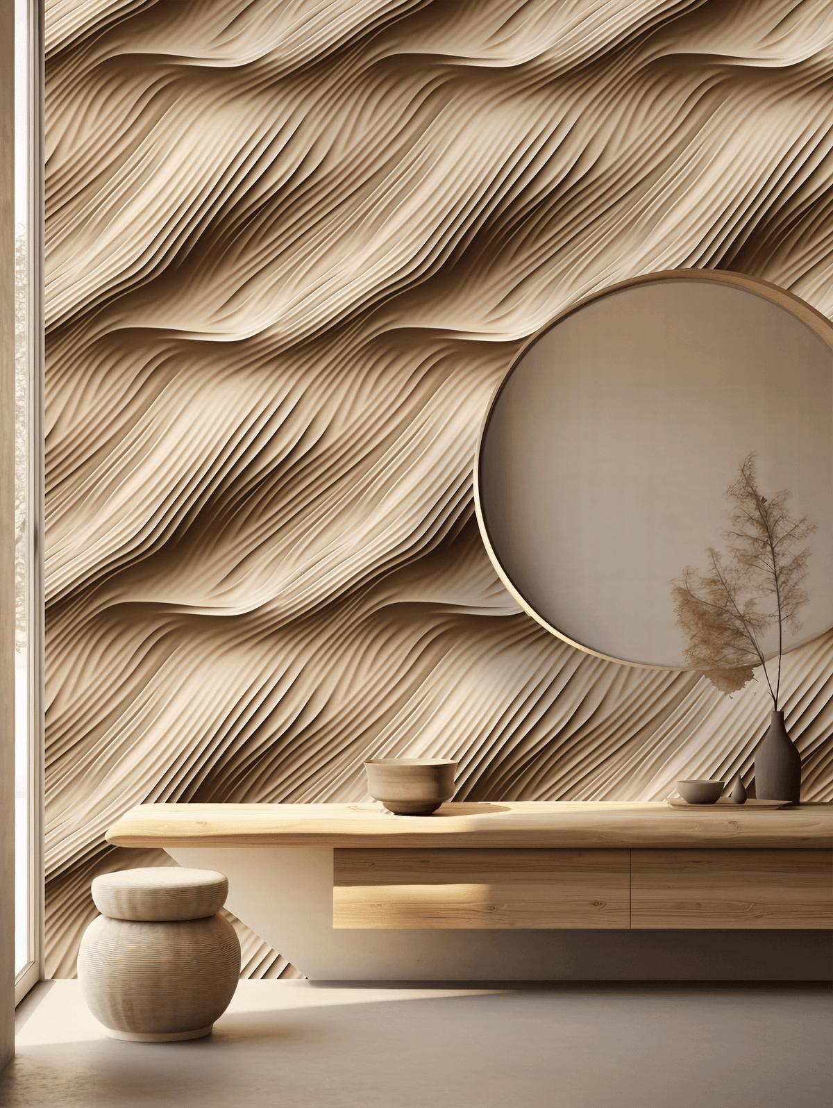 Wooden wall paneling with a modern interior design featuring a mirror and decorative items.
