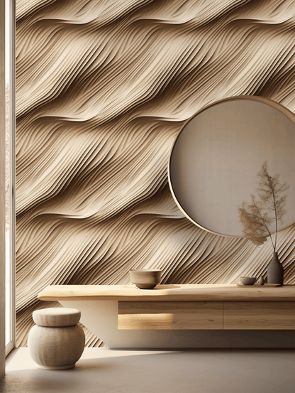 Wooden wall paneling with a modern interior design featuring a mirror and decorative items.