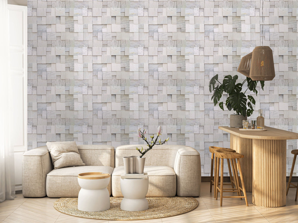 A stylish interior featuring 3d grey cladding wallpaper with a floral pastel flower design on the walls, showcasing a modern and elegant decor.
