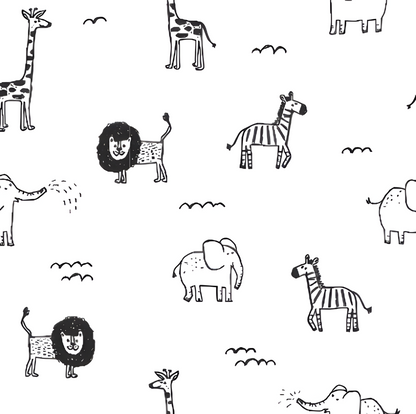 Pattern of black and white animal illustrations on a white background