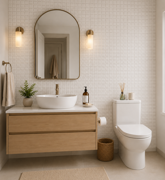 Modern bathroom with wooden vanity, white sink, and toilet.