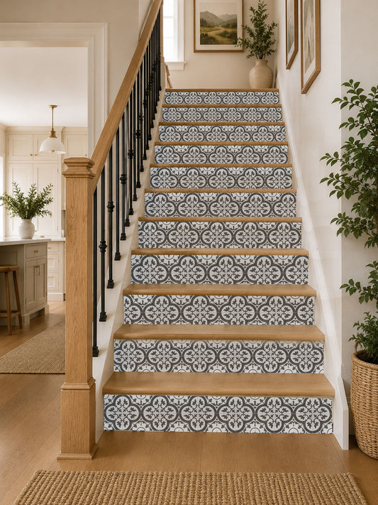 Staircase with decorative blue and white patterned risers in a home setting.