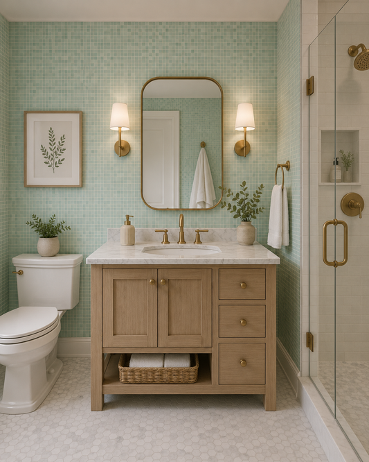 Bathroom with wooden vanity, green tiled walls, and gold fixtures.