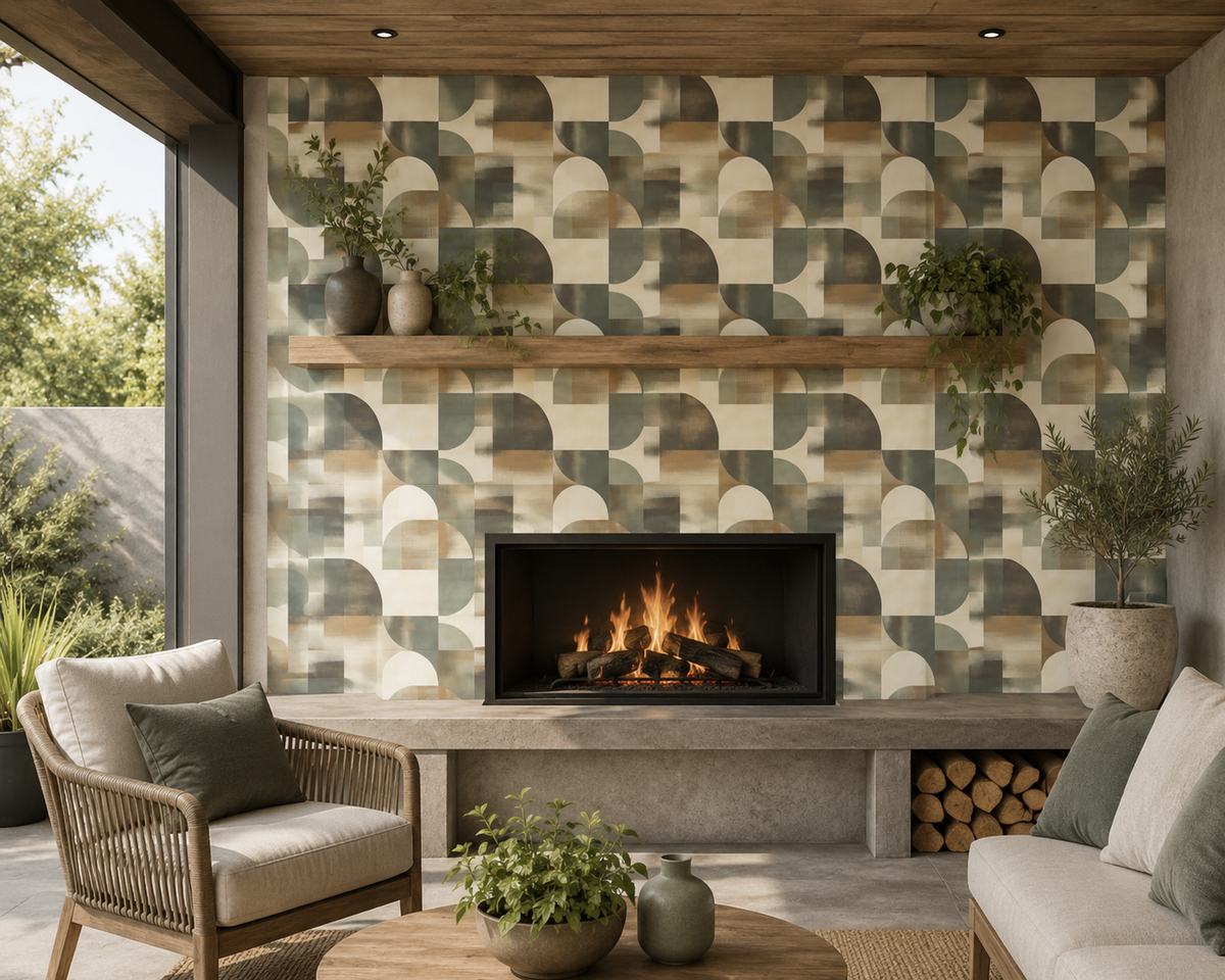 Modern living room with geometric-patterned wall, fireplace, and decorative elements.