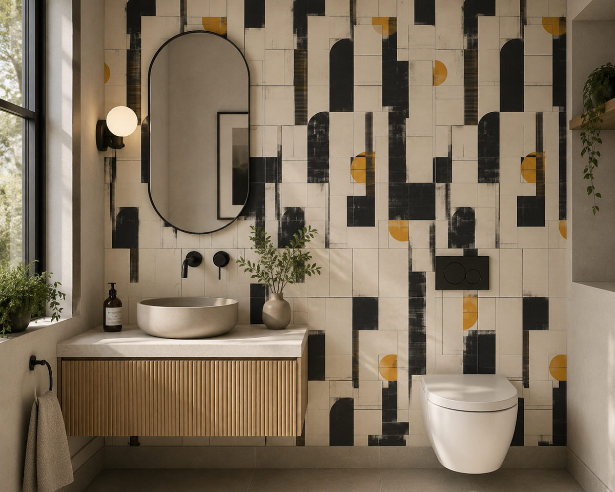 Modern bathroom with geometric tile pattern, sink, and toilet.