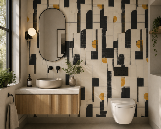Modern bathroom with geometric tile pattern, sink, and toilet.