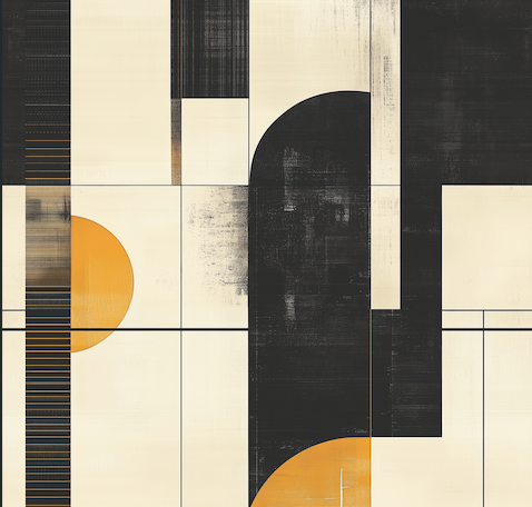 Abstract art piece with geometric shapes in black, white, and gold on a beige background