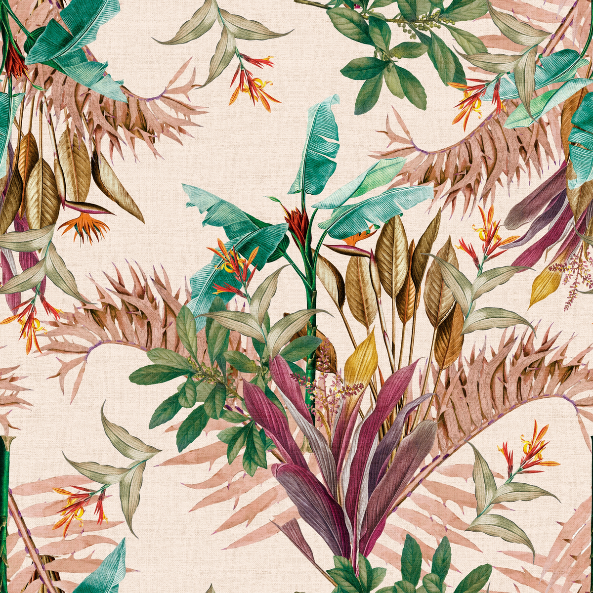 Tropical leaf pattern with various green, brown, and red leaves on a beige background