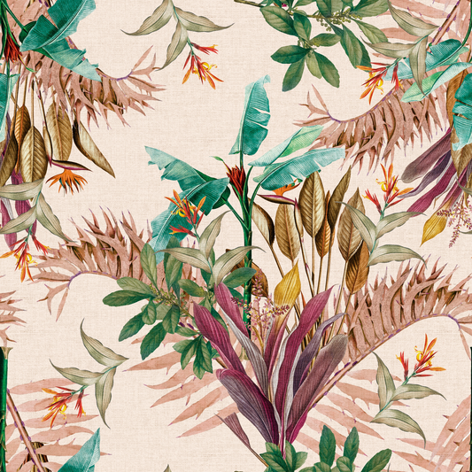 Tropical leaf pattern with various green, brown, and red leaves on a beige background