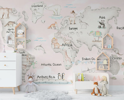 Blush Pink Kids Map Mural