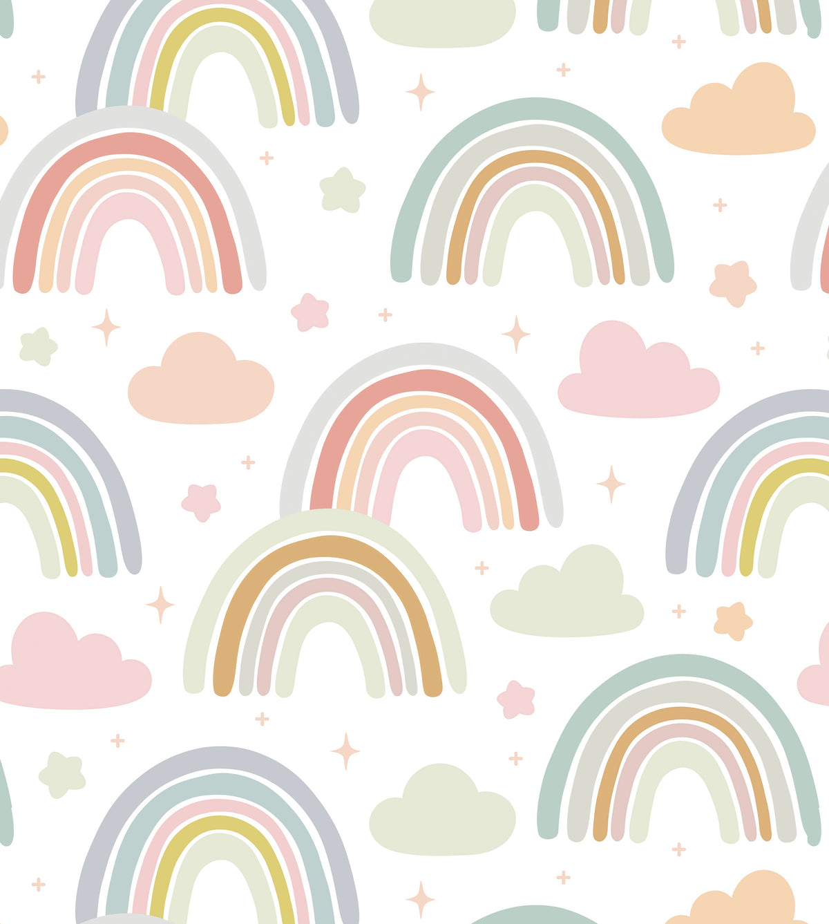 Pattern of colorful rainbows and clouds on a white background