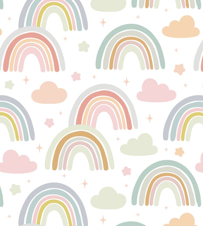 Pattern of colorful rainbows and clouds on a white background