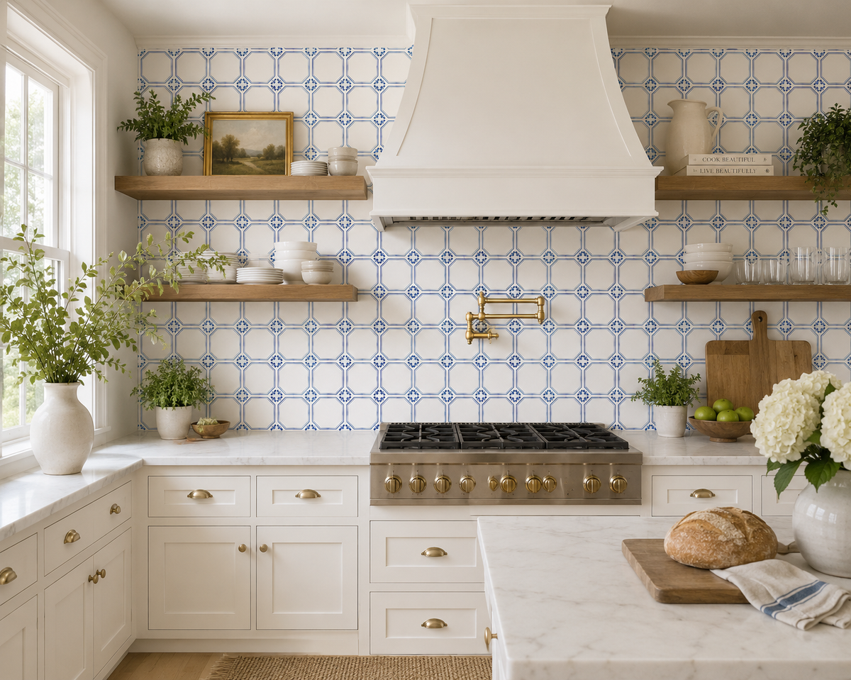 Modern kitchen with white cabinets, blue patterned backsplash, and wooden shelves.