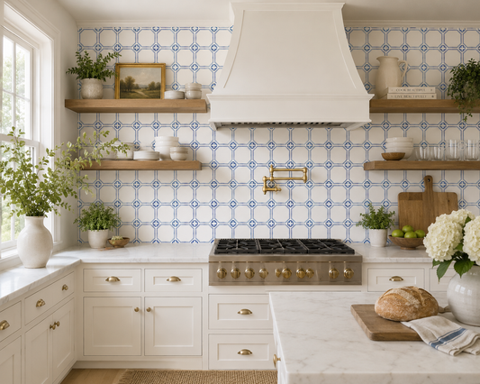 Modern kitchen with white cabinets, blue patterned backsplash, and wooden shelves.