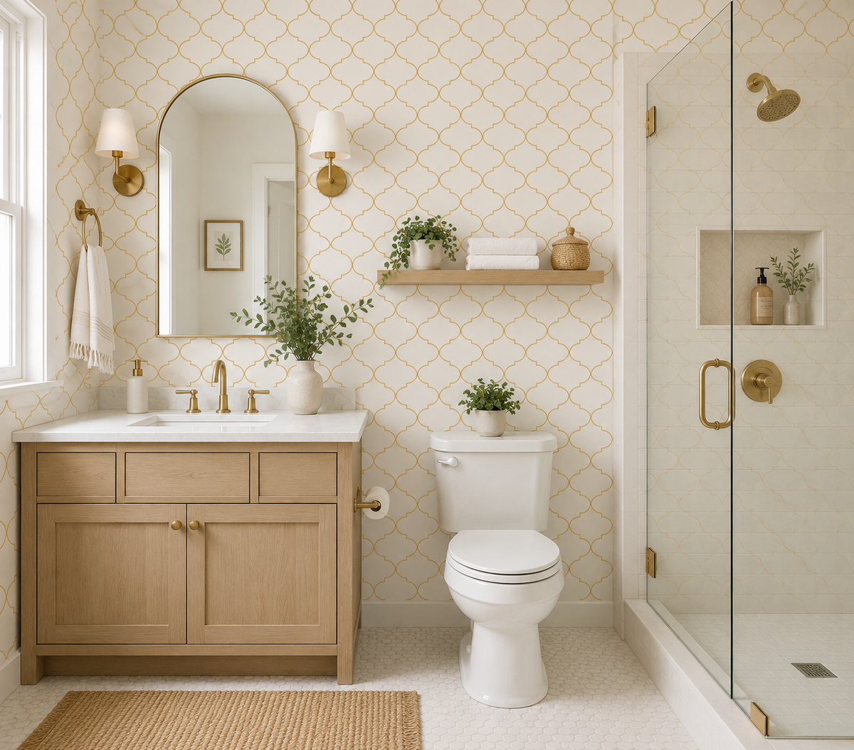 Bathroom with wooden vanity, toilet, and shower area with gold fixtures.