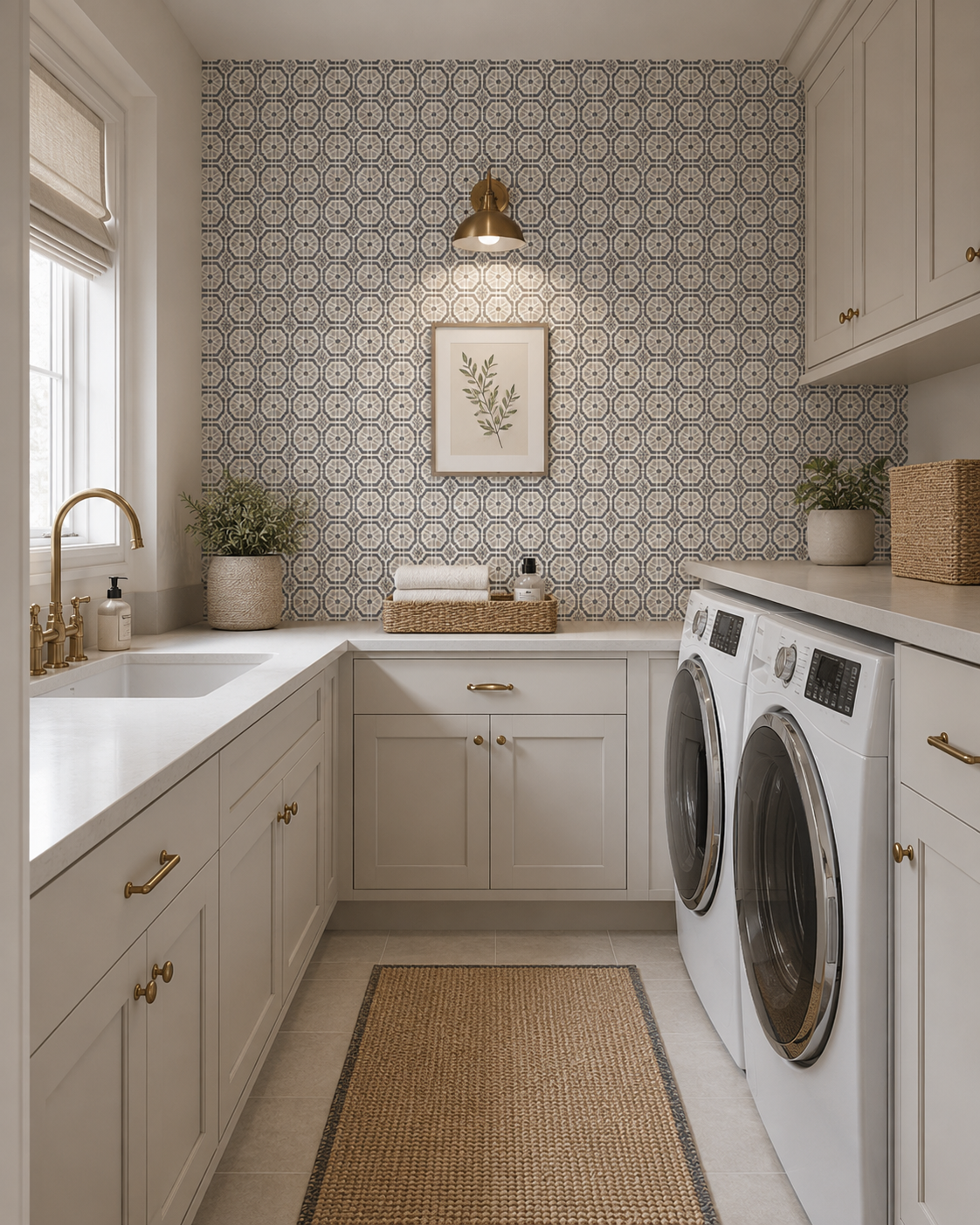 Modern laundry room with patterned wallpaper, washing machine, dryer, and decorative elements.