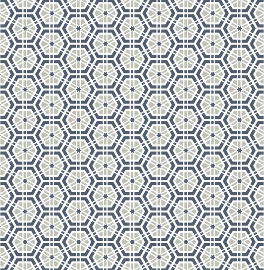 Geometric pattern with hexagonal shapes in blue and gray on a white background