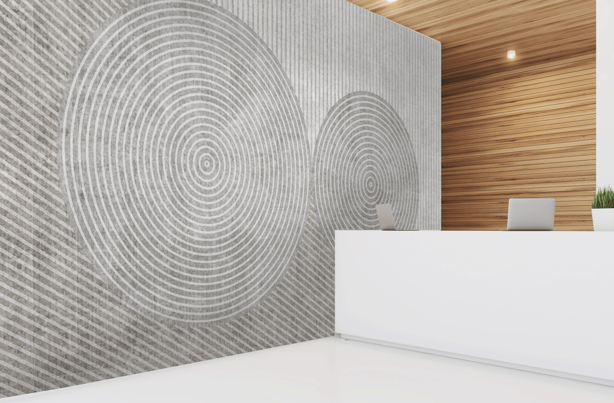 Modern interior design with a patterned wall and wooden paneling.