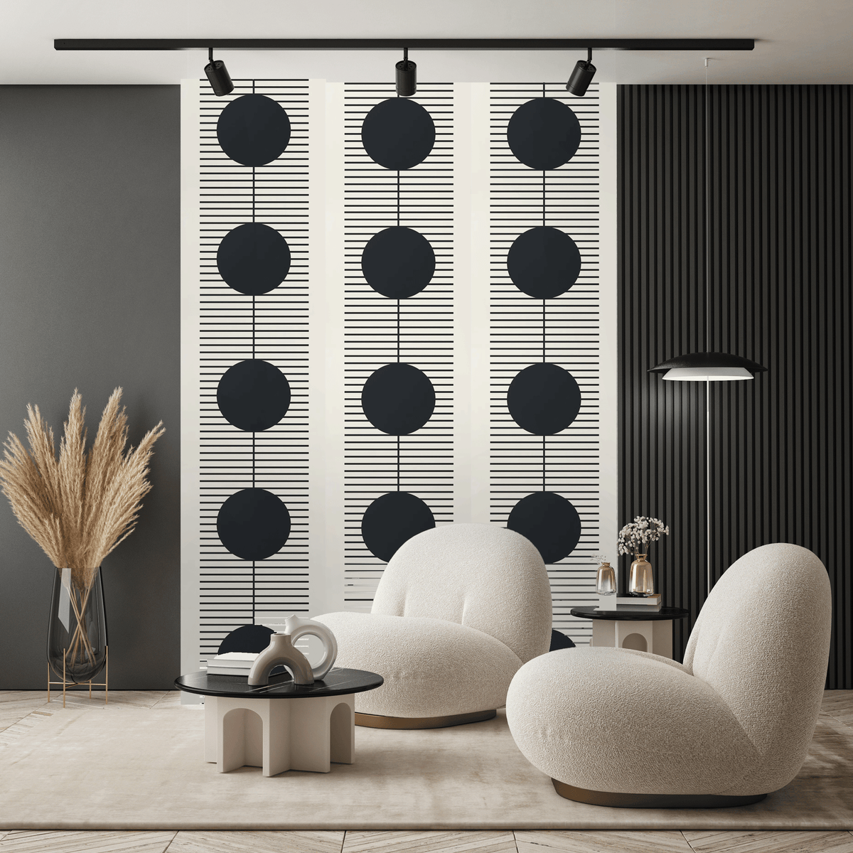 Modern living room with white armchairs, a black coffee table, and decorative wall art.
