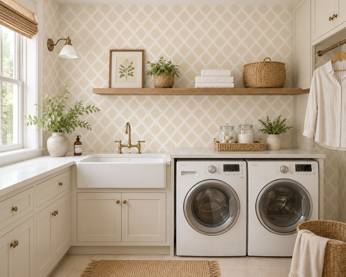 Modern laundry room with washing machine, dryer, and decorative elements.