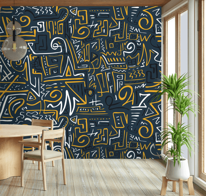 Modern interior with abstract patterned wall, dining table, and plant.