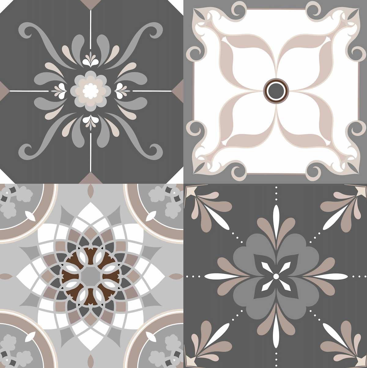 Set of four decorative tiles with floral patterns on a gray background