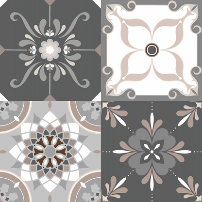 Set of four decorative tiles with floral patterns on a gray background