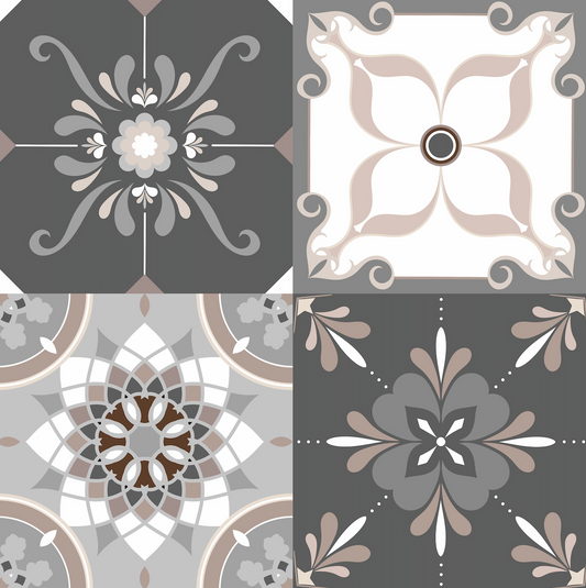 Set of four decorative tiles with floral patterns on a gray background