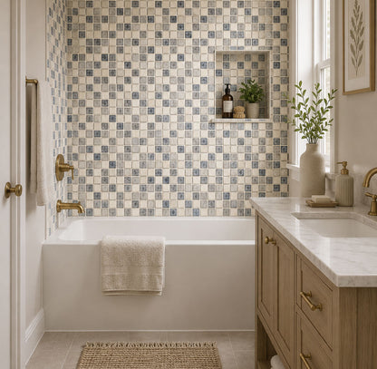 Bathroom with mosaic tile wall, sink, and vanity