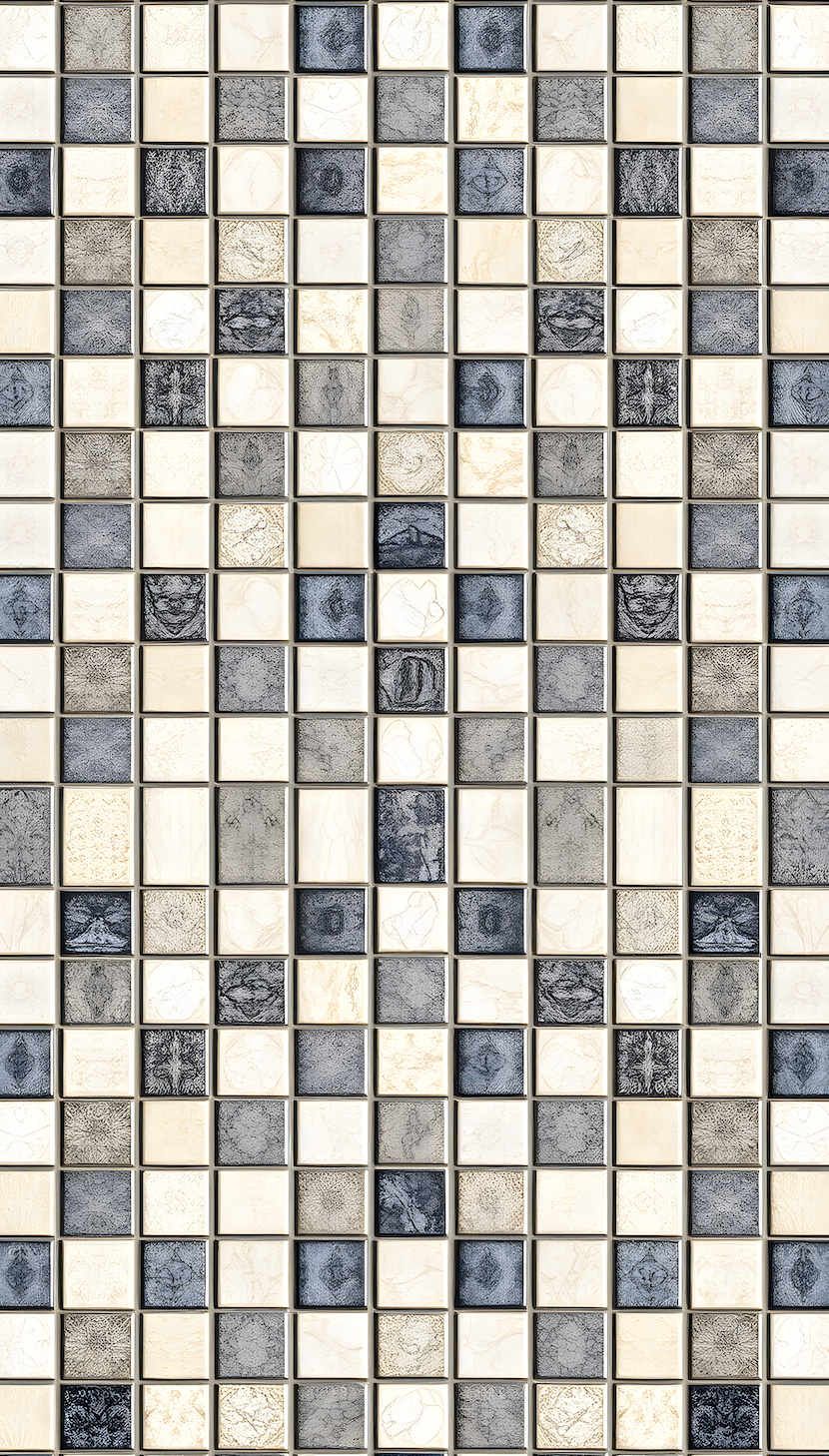 Mosaic pattern with small square tiles in various shades of gray and beige.