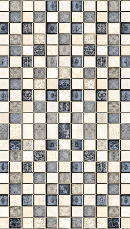 Mosaic pattern with small square tiles in various shades of gray and beige.