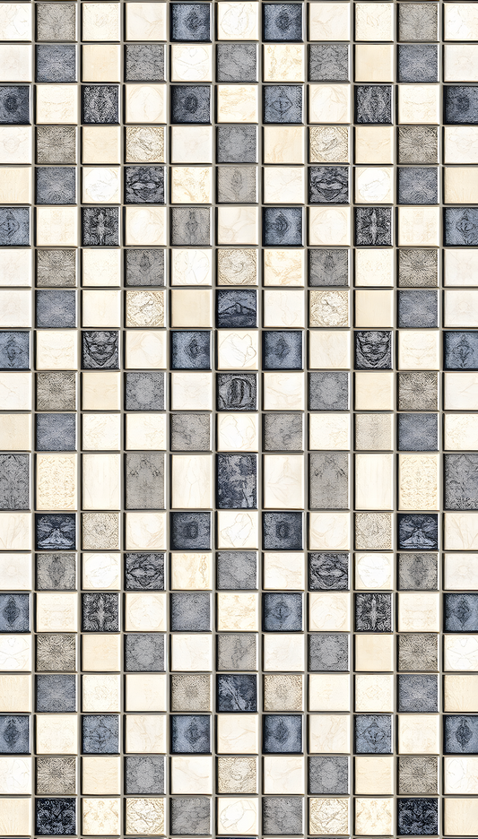 Mosaic pattern with small square tiles in various shades of gray and beige.