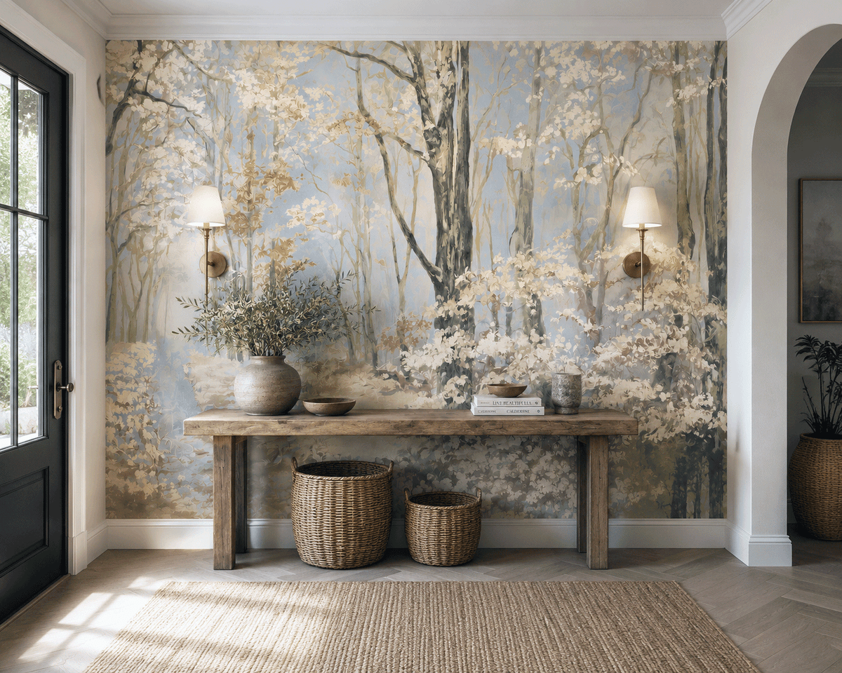 A large wall mural featuring a soft-focus forest scene with pale blue sky, white blossoms, and gray-brown tree trunks, installed in a bright entryway behind a rustic wooden console table with woven baskets and wall sconces.
