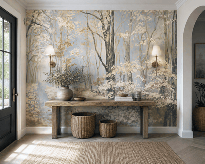 A large wall mural featuring a soft-focus forest scene with pale blue sky, white blossoms, and gray-brown tree trunks, installed in a bright entryway behind a rustic wooden console table with woven baskets and wall sconces.