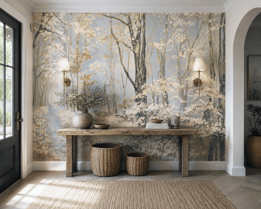 A large wall mural featuring a soft-focus forest scene with pale blue sky, white blossoms, and gray-brown tree trunks, installed in a bright entryway behind a rustic wooden console table with woven baskets and wall sconces.