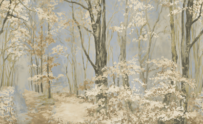 A scenic landscape painting of a misty winter forest with tall trees, white and pale cream foliage, and a soft blue-gray sky.